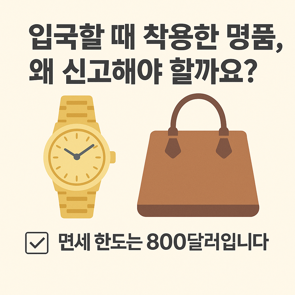 명품 시계와 가방 그림과 함께 면세 한도는 800달러임을 강조한 알림 이미지