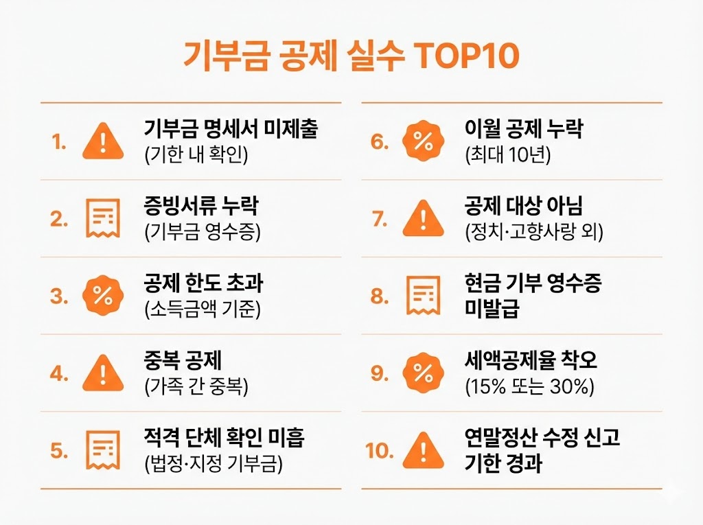2026 연말정산 기부금 공제 한도&middot;공제율 &ldquo;한 장 요약&rdquo; + 자주 하는 실수 TOP
