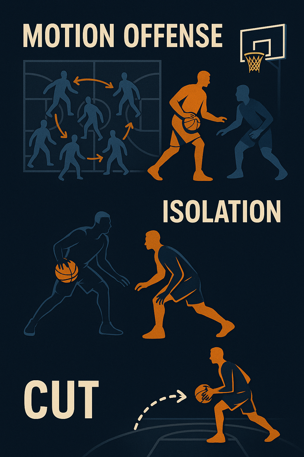 NBA에서 주목받는 농구 공격 전술인 모션 오펜스, 아이솔레이션, 컷 동작을 역동적으로 표현한 일러스트 이미지