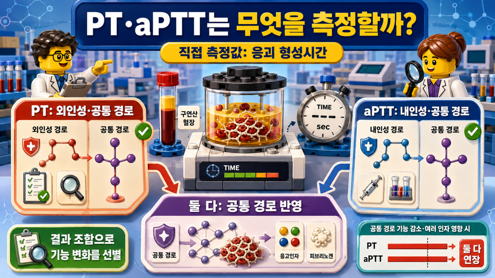 응괴 형성시간을 측정하는 PT와 aPTT의 원리와 PT는 외인성·공통 경로, aPTT는 내인성·공통 경로를 반영함을 보여주는 레고 스타일 의료 인포그래픽