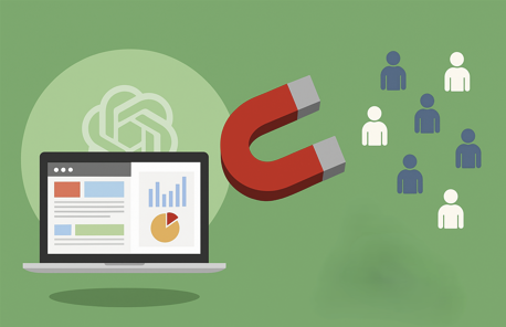 랜딩페이지 문구 ChatGPT로 쓰기. 컴퓨터 화면에 U 자석으로 끌어당기고 있는 사람 아이콘 인포그래픽