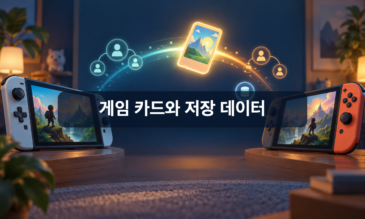 두 게임기 사이의 버추얼 게임 카드와 별도로 남아 있는 저장 데이터를 표현한 일러스트