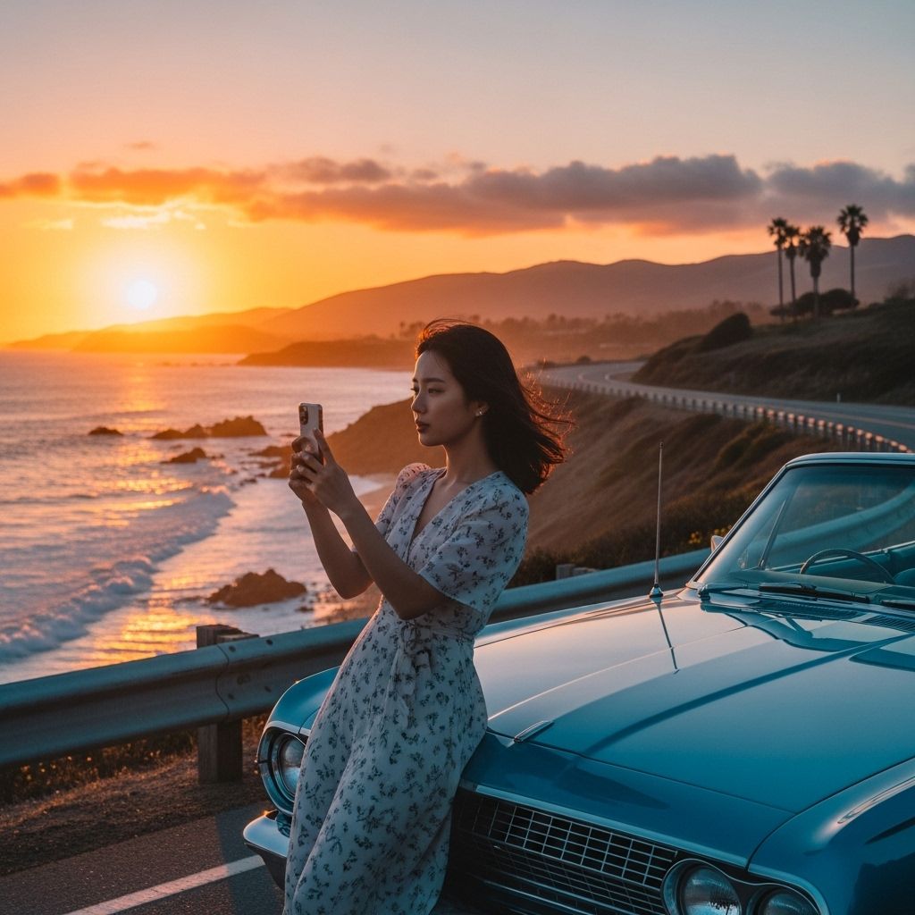 경차 사랑카드, 자동차 보닛에 기대어 석양을 찍고 있는 여성