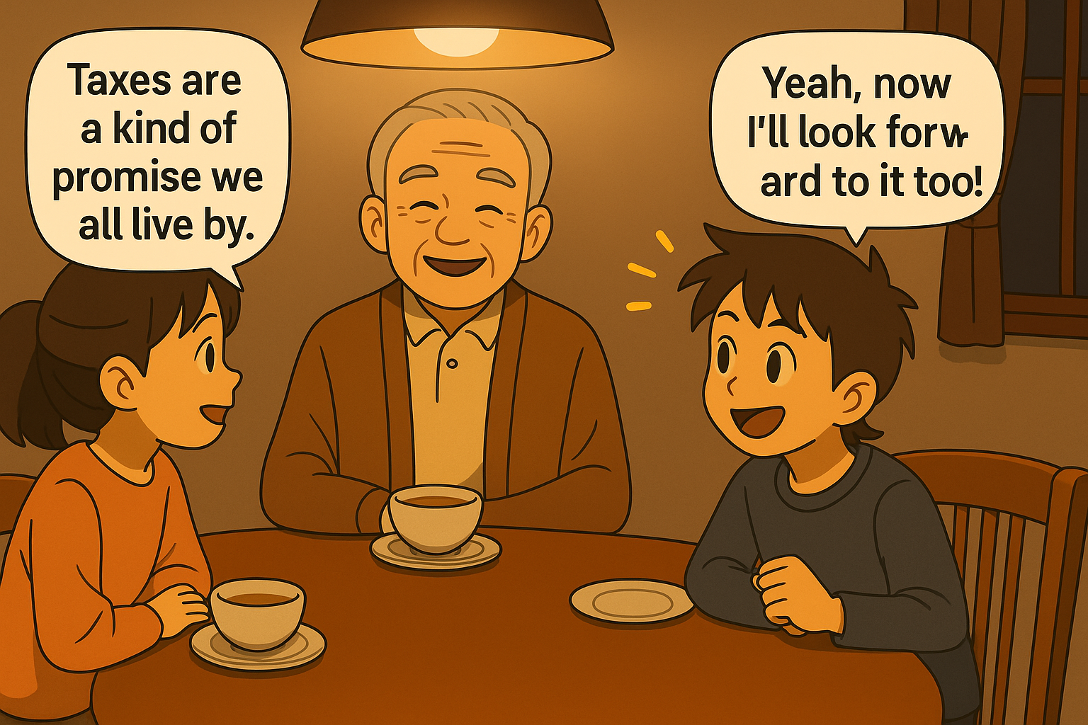 Cut 5: Warm family dinner, closing message — taxes are a promise we all keep together.