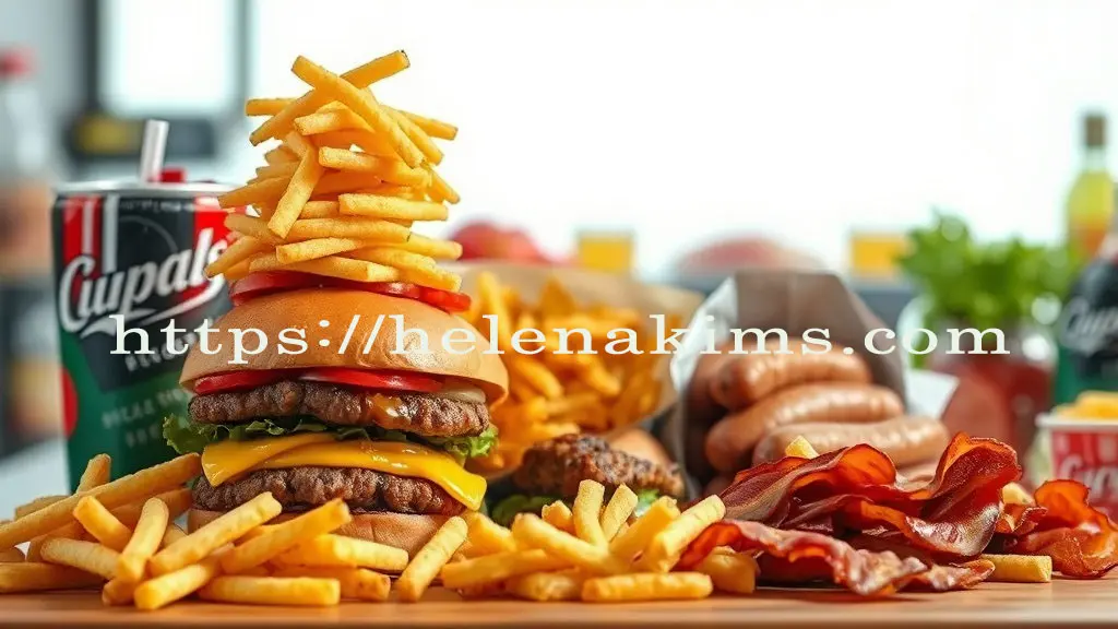 햄버거, 감자튀김, 콜라 등 각각지의 인스턴트 식품들의 모습.