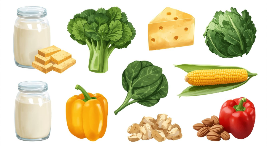 유제품, 녹황색 채소, 두부, 견과류 등 칼슘이 풍부한 음식 일러스트