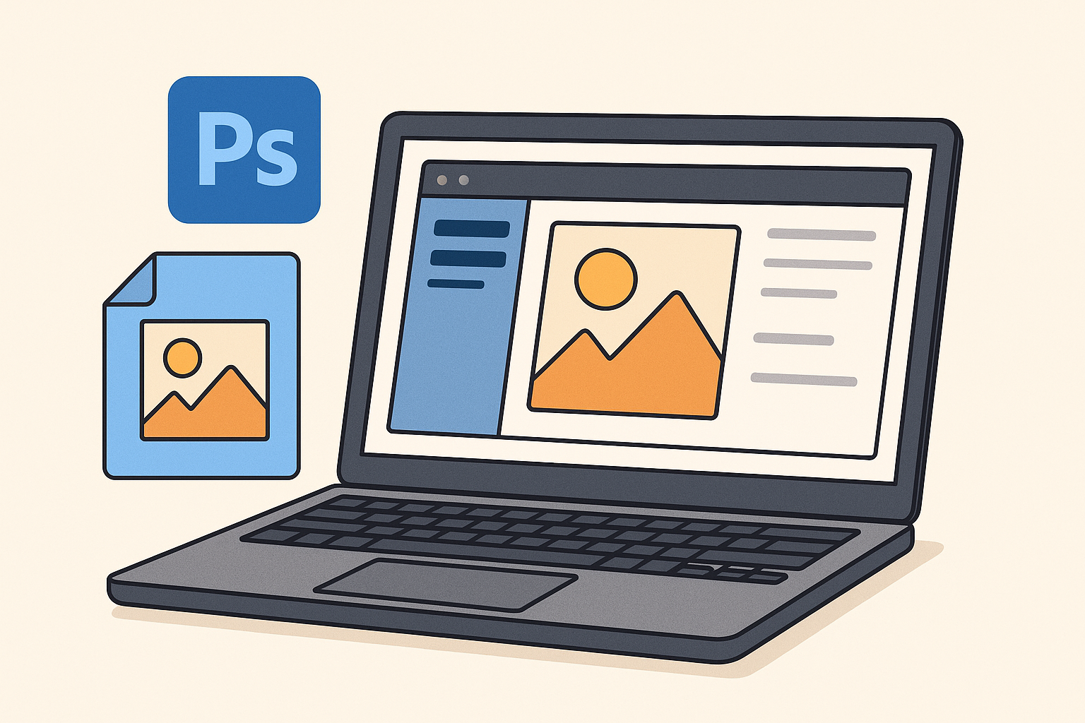 노트북 화면에 다양한 무료 포토샵 템플릿 아이콘이 펼쳐진 일러스트