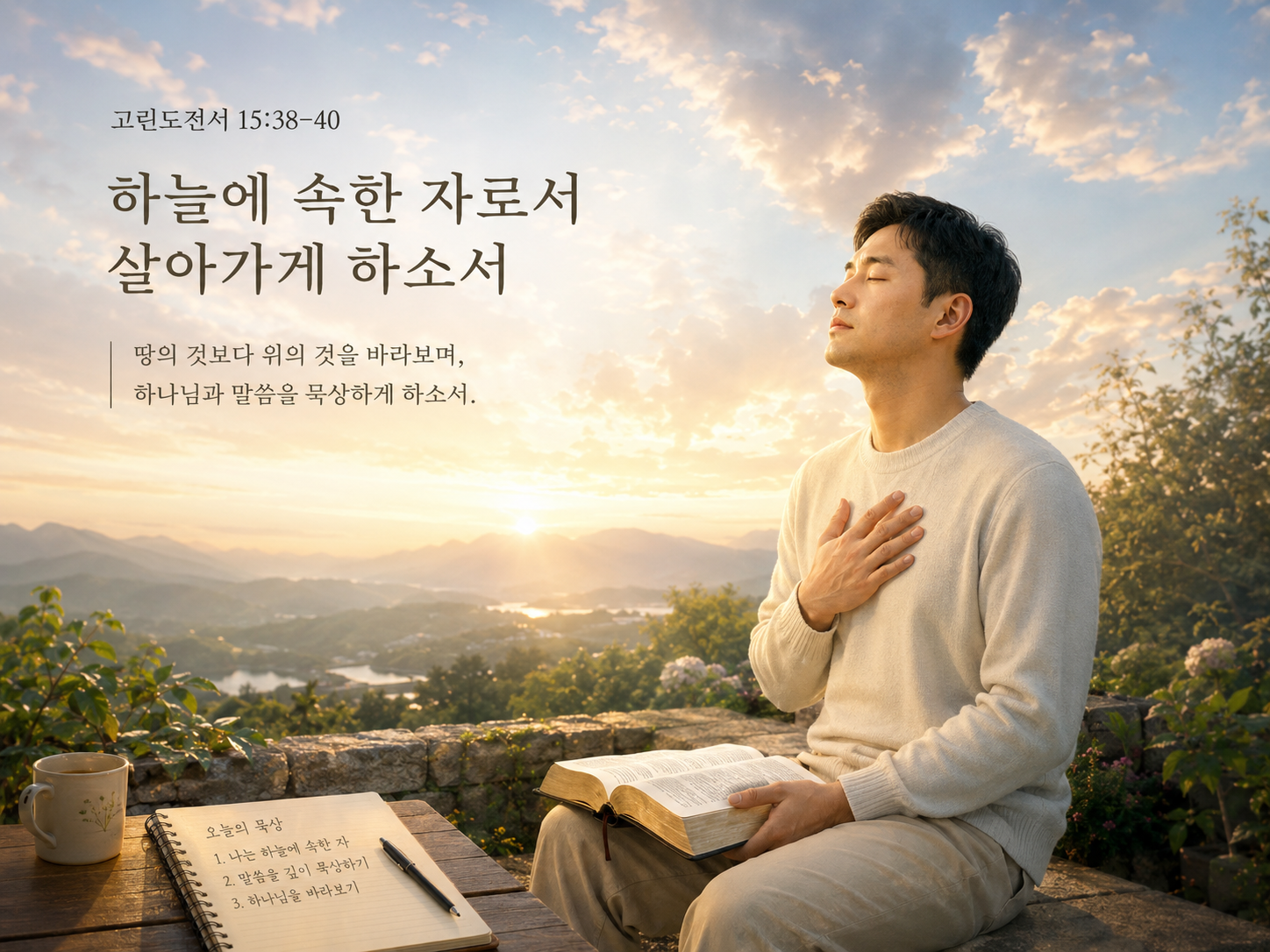 고전 15:38-40 말씀에서 하늘에 속한 신령한 몸을 가진 자로서 땅의 육체를 바라보지 않는 삶을 살아야 할 것이 묵상되었고&amp;#44; 늘 하늘에 속한 자로서 살아가기 위해 하나님과 말씀을 묵상하는 시간을 가지는 모습입니다.