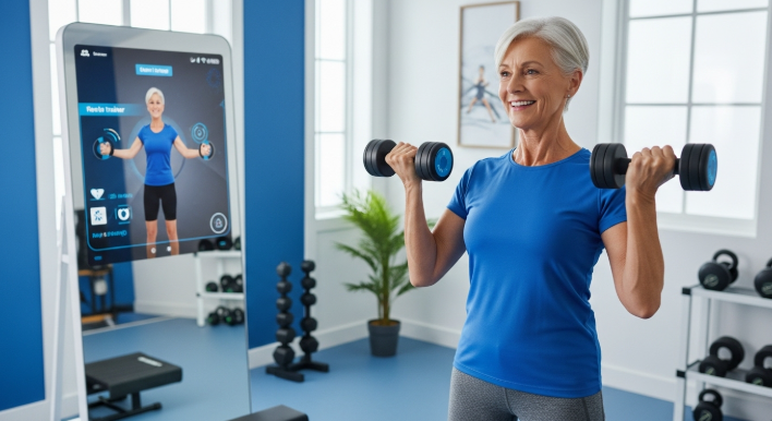 스마트 거울 앞에서 가상 트레이너의 안내를 받으며 스마트 덤벨로 운동하는 중장년 남성의 모습입니다.