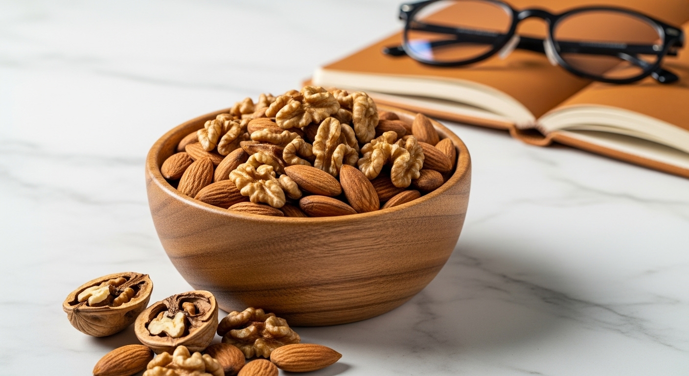 당분 흡수를 늦추고 에너지를 지속시키는 건강한 간식인 아몬드와 호두가 담긴 나무 그릇