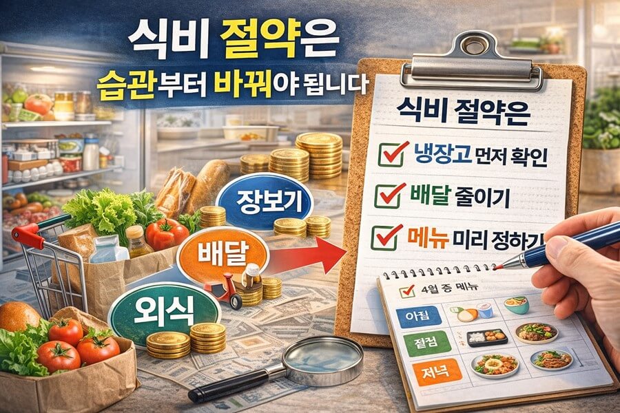 냉장고 재고 확인과 배달 줄이기, 메뉴 미리 정하기 같은 습관으로 식비를 절약하는 방법을 보여주는 체크리스트 이미지