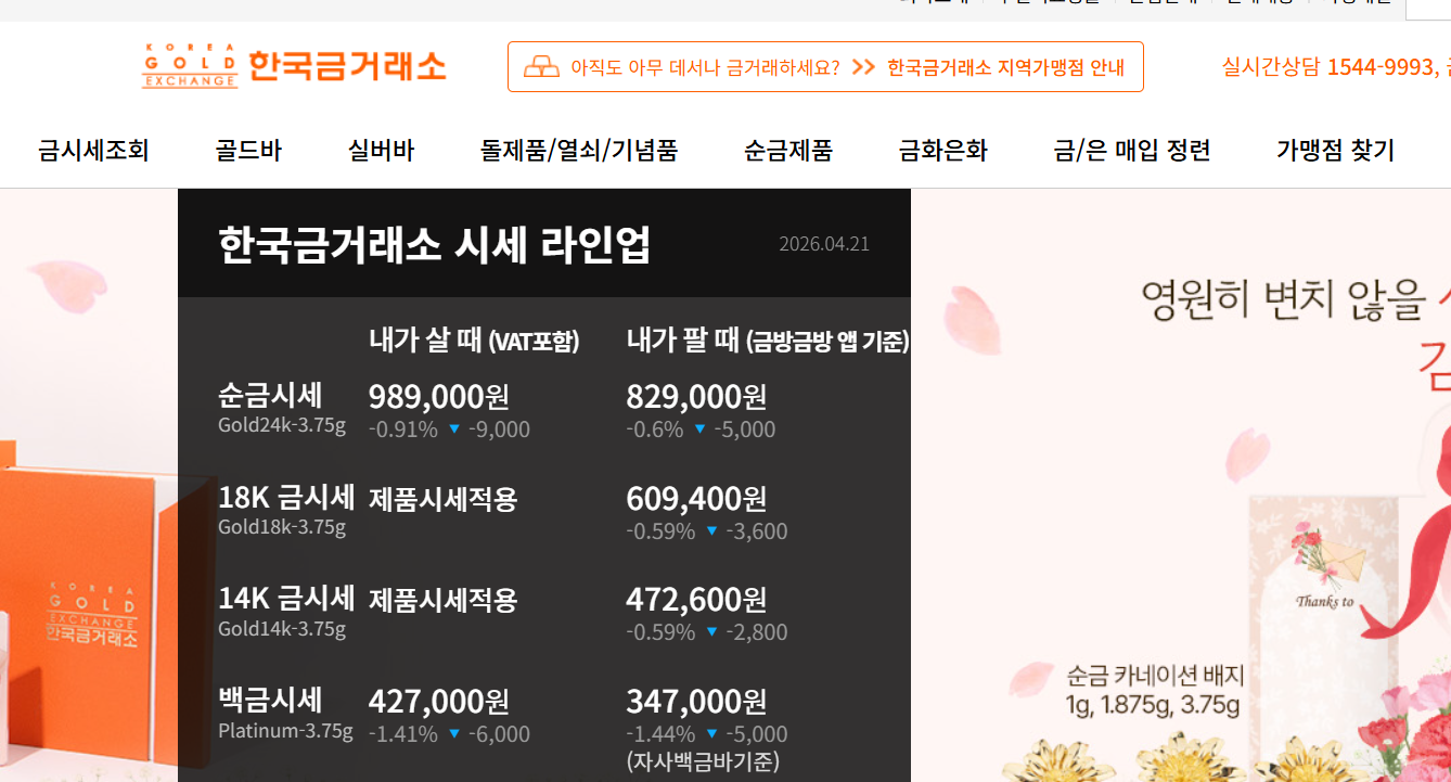 한국금거래소 홈페이지 메인 화면