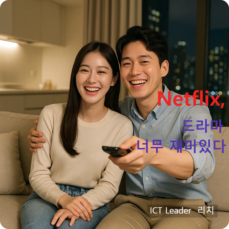 젊은부부가 아파트 거실에서 넷플릭스 OTT TV 드라마를 보며 즐거워서 웃고 있는 모습