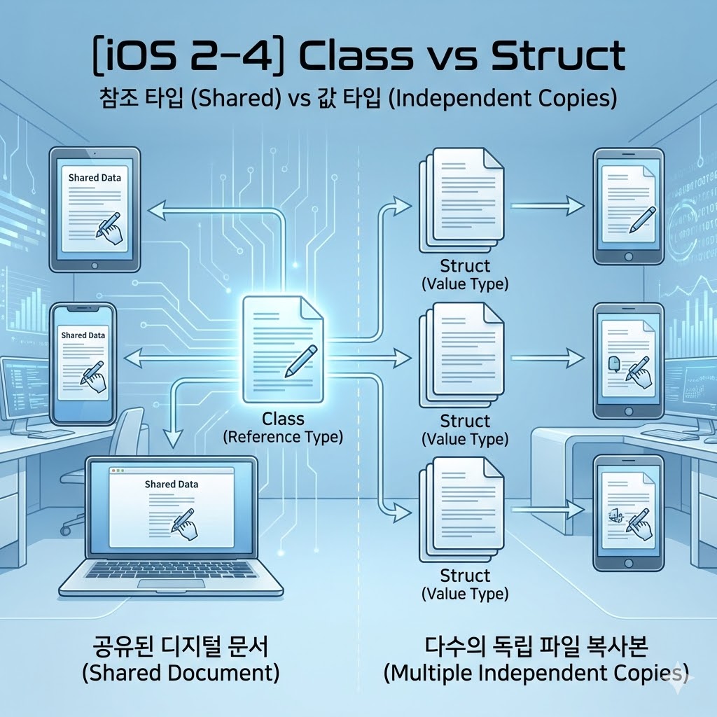 데이터의 참조(Class)와 복사(Struct) 개념 차이를 시각화한 기술 일러스트