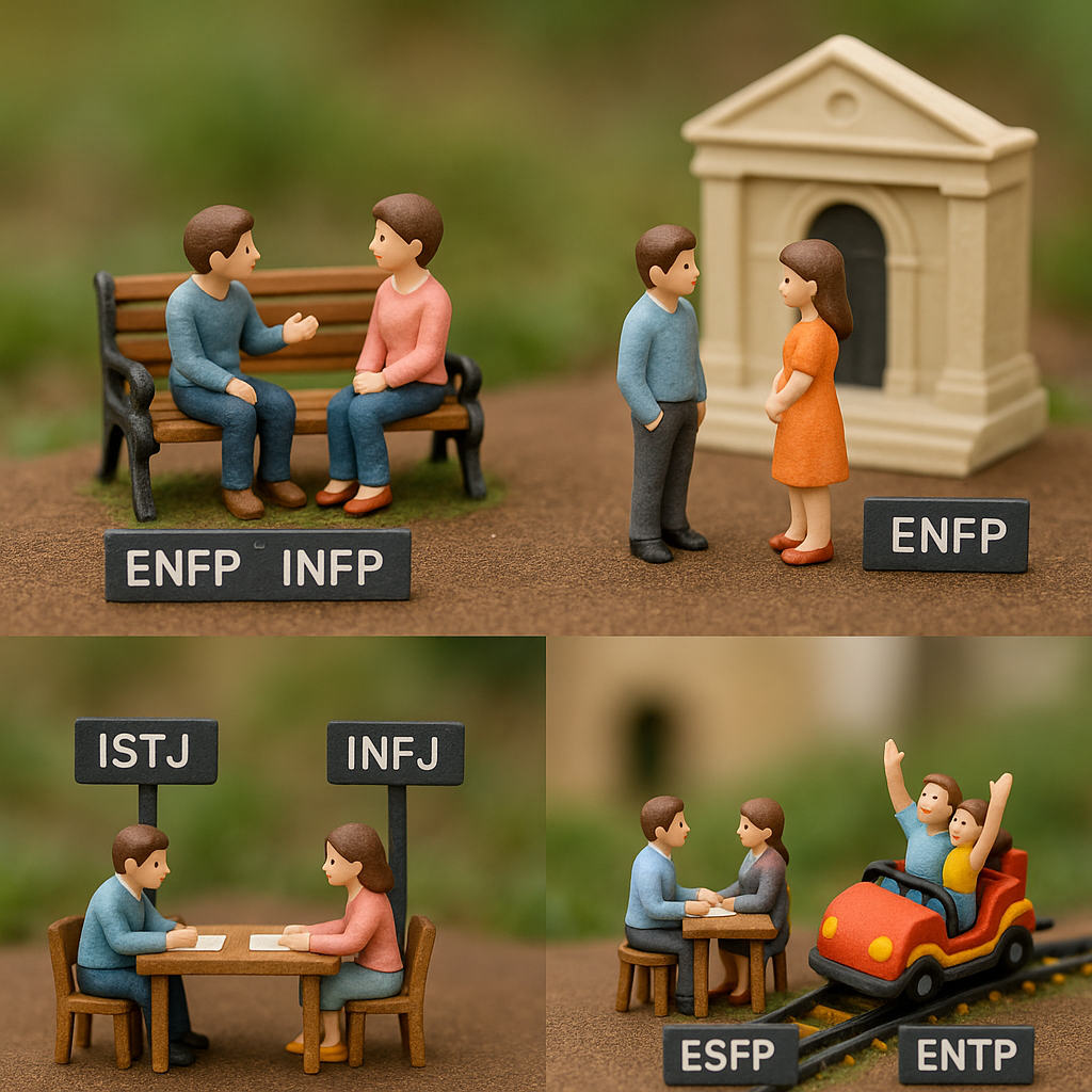 MBTI 궁합표 데이트 스타일을 표현한 이미지. 다양한 성격 유형이 어울리는 데이트 장소에서 어울리는 장면을 상징적으로 묘사.