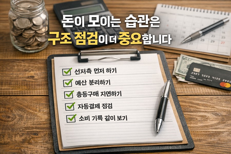 선저축과 자동결제 점검, 소비 기록 습관을 함께 확인하며 돈이 모이는 소비 구조를 만드는 방법을 보여주는 체크리스트 이미지