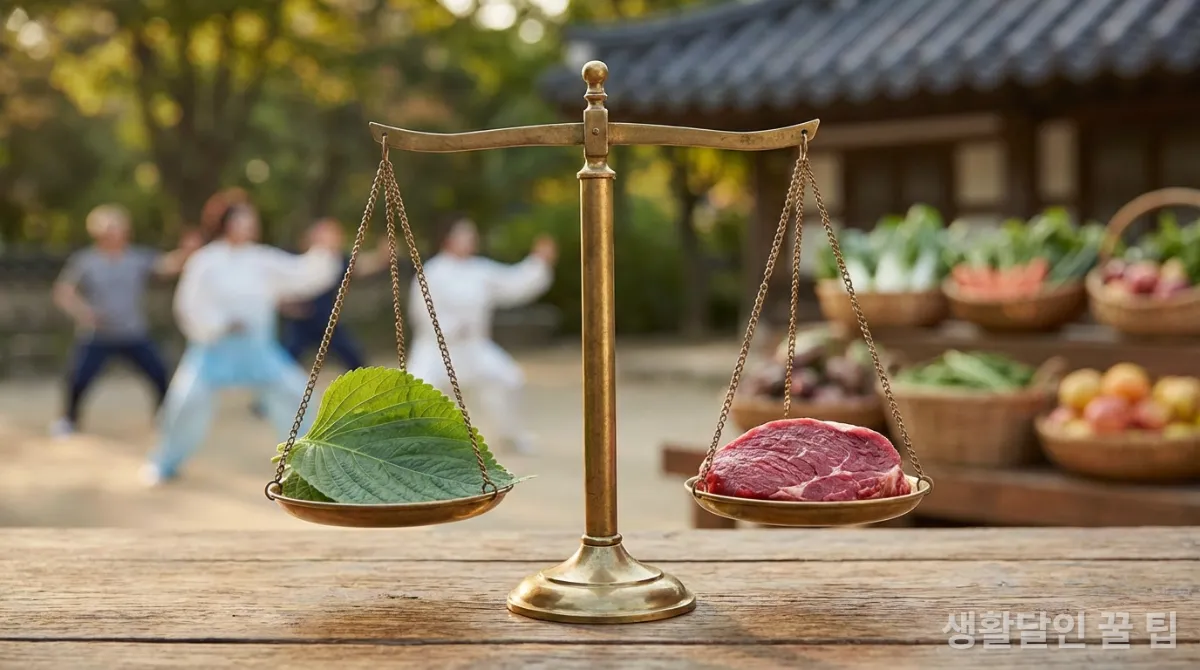 식물성 대체육과 일반육의 건강상 이점을 저울에 비유한 이미지