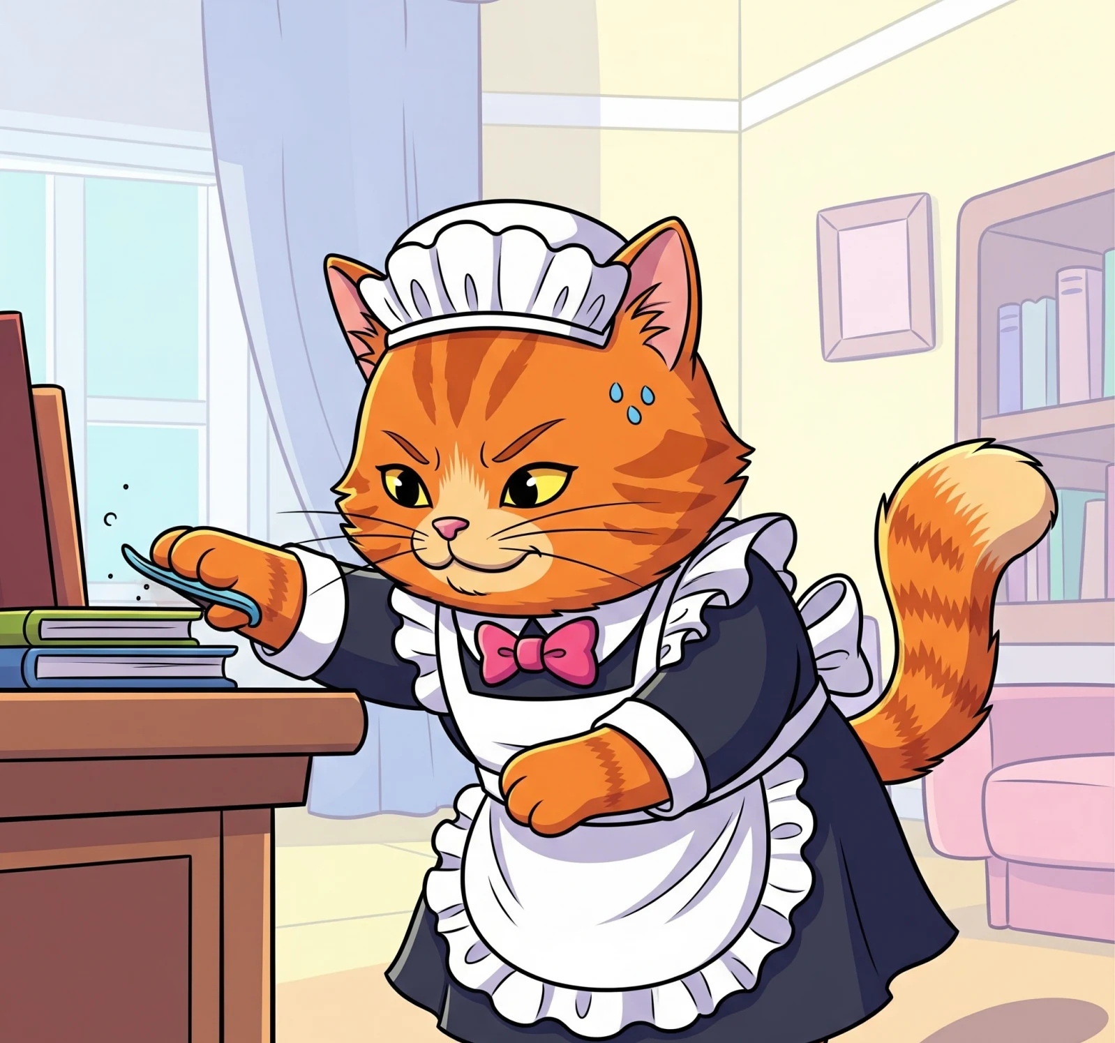 먼지를 체크하는 고양이 그림, Illustration of a cat checking for dust