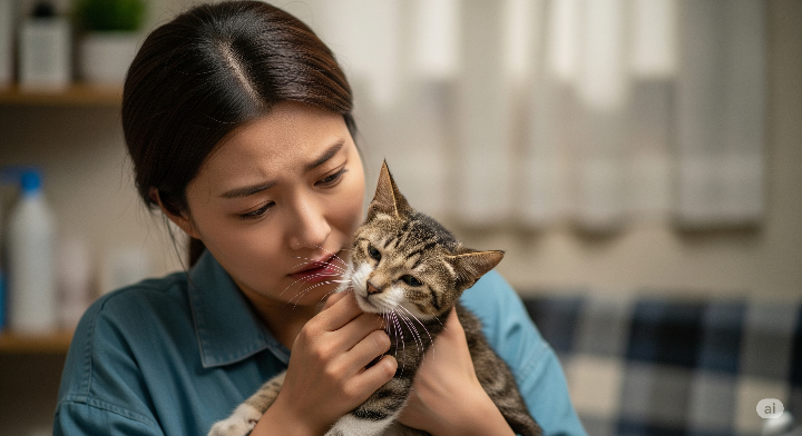 걱정스러운 표정으로 아픈 유기묘를 안고 있는 여성