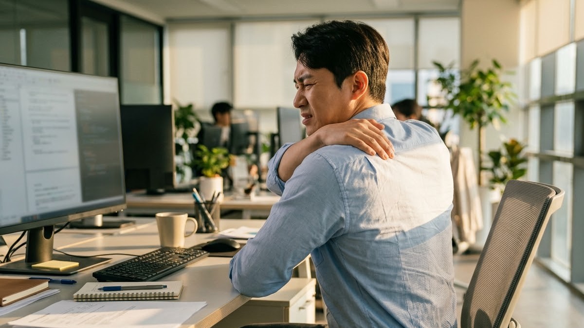 사무실에서 날개뼈 안쪽 등 통증을 느끼는 직장인