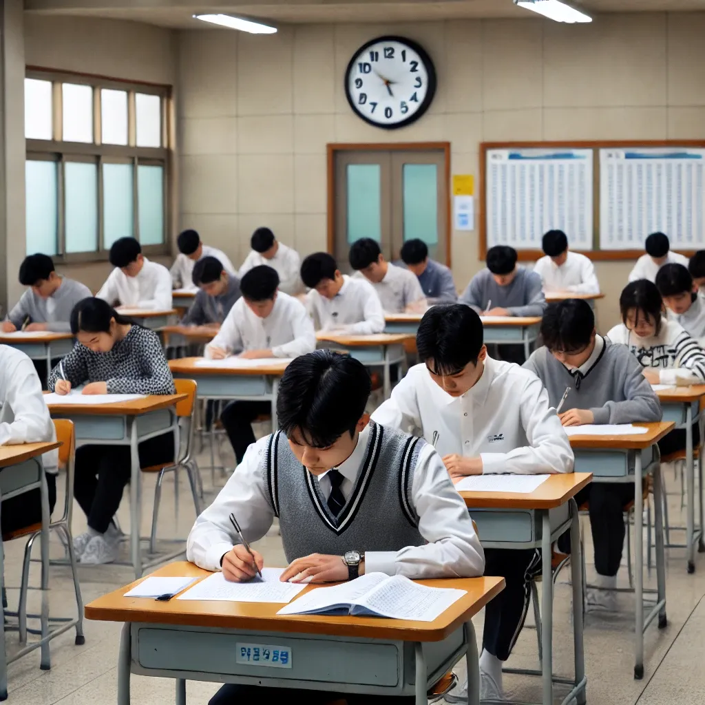 수능 시험장에서 학생들이 각자의 책상에 앉아 시험 문제를 집중해서 풀고 있는 장면. 긴장된 분위기 속에서 일부 학생들은 답을 작성하고, 다른 학생들은 깊이 생각하며 시험에 몰두하고 있다.