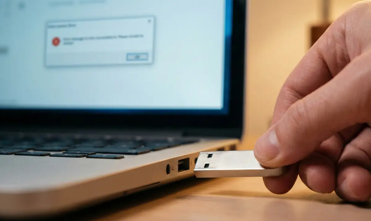 USB 드라이브를 노트북 포트에 삽입하려고 시도하며 화면을 걱정스럽게 바라보는 사용자의 손 클로즈업