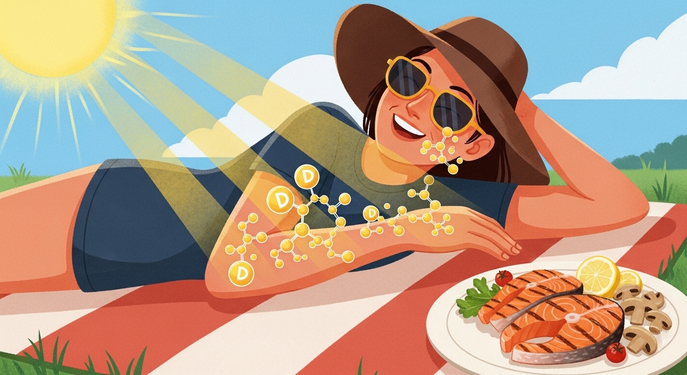 햇볕을 쬐는 사람과 연어, 버섯 등 비타민D가 풍부한 음식이 함께 있는 모습으로, 비타민D 섭취의 중요성을 보여줍니다.