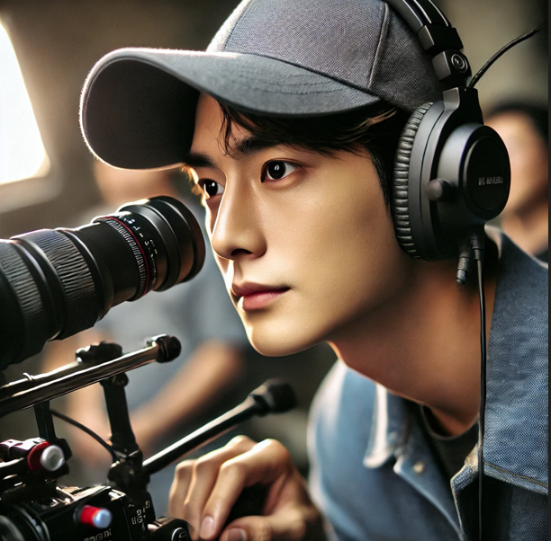 한국 드라마. 촬영 중 모니터를 관찰하는 연출 감독의 모습