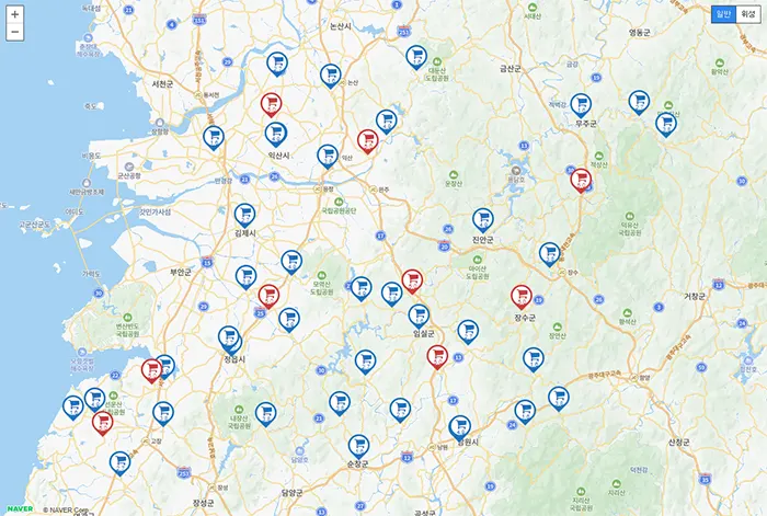 전북지역 오일장 지도 보기
