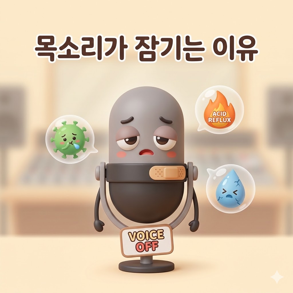 피곤해 보이며 'VOICE OFF' 사인이 붙은 귀여운 마이크 캐릭터가 목에 반창고를 붙이고 있는 3D 카툰 일러스트. 감기 바이러스, 위산 역류, 건조한 물방울 등 목소리 잠김 원인이 은유적으로 주변에 묘사되어 있으며, '목소리가 잠기는 이유'라는 한글 텍스트가 삽입된 정사각형 이미지.