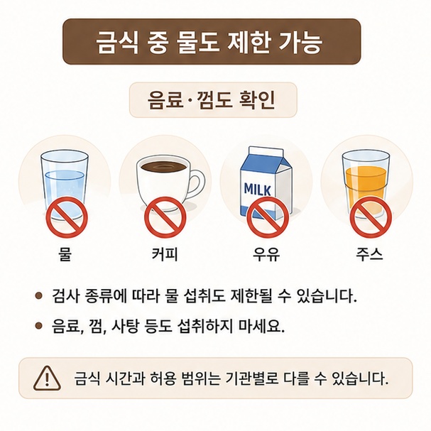 건강검진 금식 중에는 물과 커피, 우유, 주스 등 음료 섭취도 제한될 수 있음을 안내한 이미지