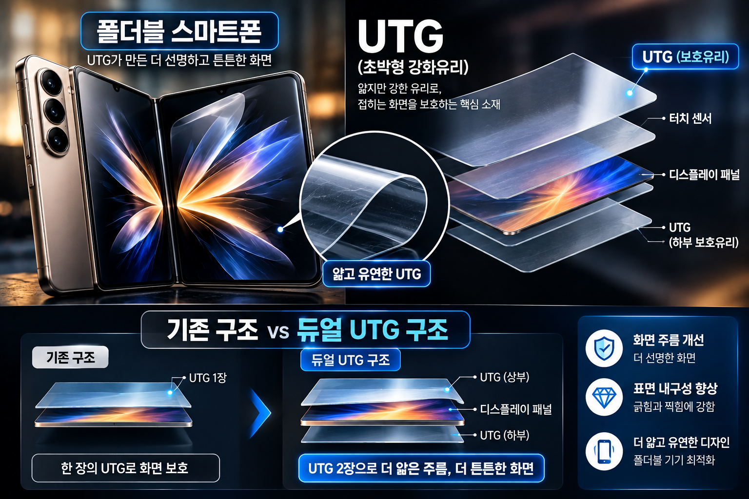 도우인시스 폴더블 스마트폰용 UTG 초박형 강화유리 기술과 기존 단일 UTG 대비 듀얼 UTG 구조 및 화면 보호 원리를 설명한 이미지