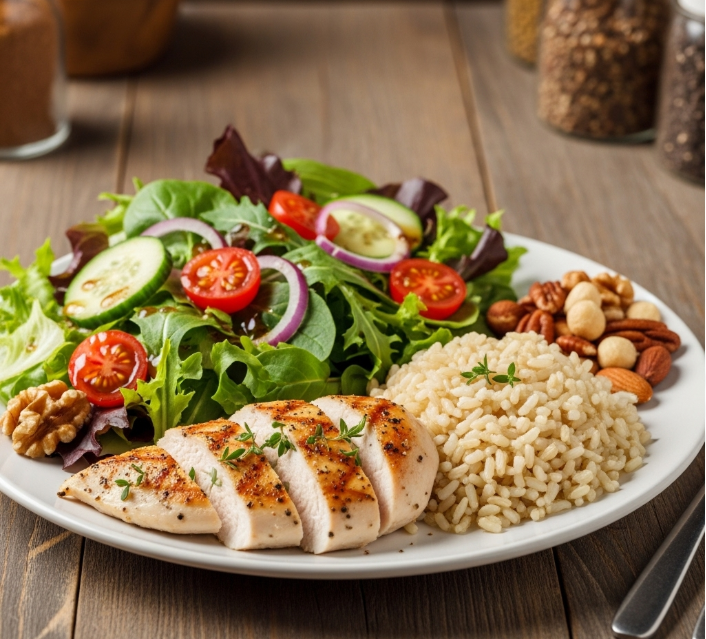 접시에 고루 담긴 건강한 식단. 닭가슴살, 현미밥, 신선한 채소 샐러드, 견과류가 보기 좋게 담겨 혈당 조절 식단의 균형을 시각적으로 보여준다