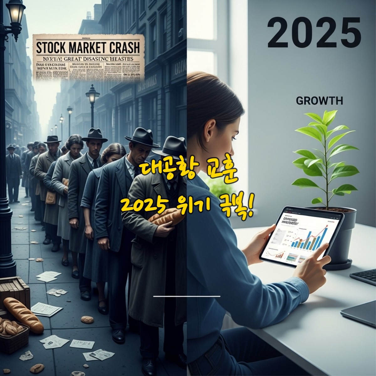 1929년 경제대공황과 2025년 경제 위기 극복 전략을 대비하며, 과거의 교훈을 통해 미래를 준비하는 모습.