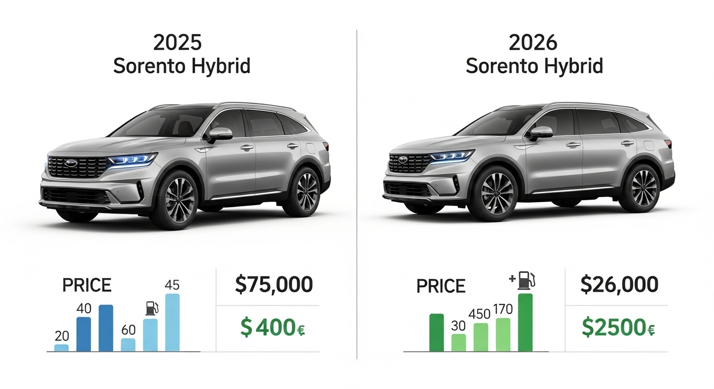 2025년형과 2026년형 쏘렌토 하이브리드의 예상 가격 및 연비를 비교하는 인포그래픽으로, 신형 모델의 개선점을 시각적으로 보여줍니다.