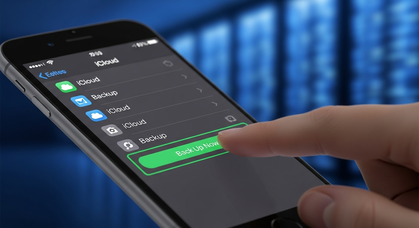 아이폰 화면에 iCloud 백업 메뉴가 보이고, 손가락이 '지금 백업'을 누르는 모습. 뒤로는 흐릿한 클라우드 서버 이미지.