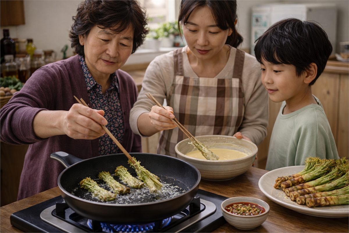 집에서 엄나무순전이나 부침으로 활용하는 가족 조리 장면 