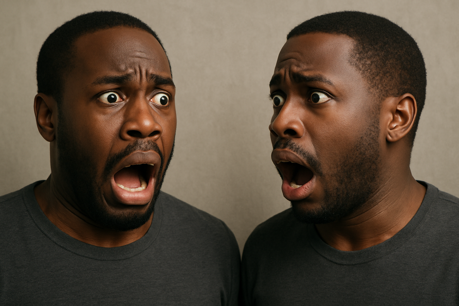 흑인 남성이 자신과 똑같이 생긴 사람을 무섭게 쳐다보는 모습