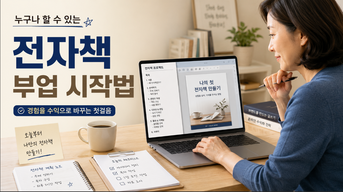 중장년이 자신의 경험을 전자책 주제와 목차로 정리하는 장면