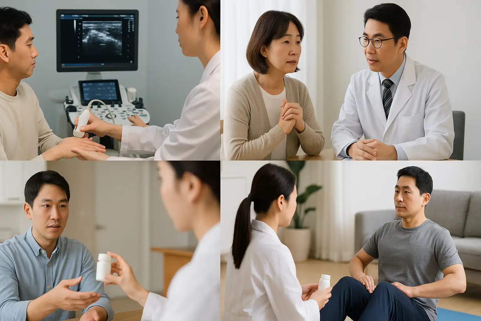 손가락 부위 엑스레이 또는 초음파 검사 장면, 정형외과에서 상담 받는 중년 여성, 약 처방을 받는 환자, 재활 운동을 병행하는 모습