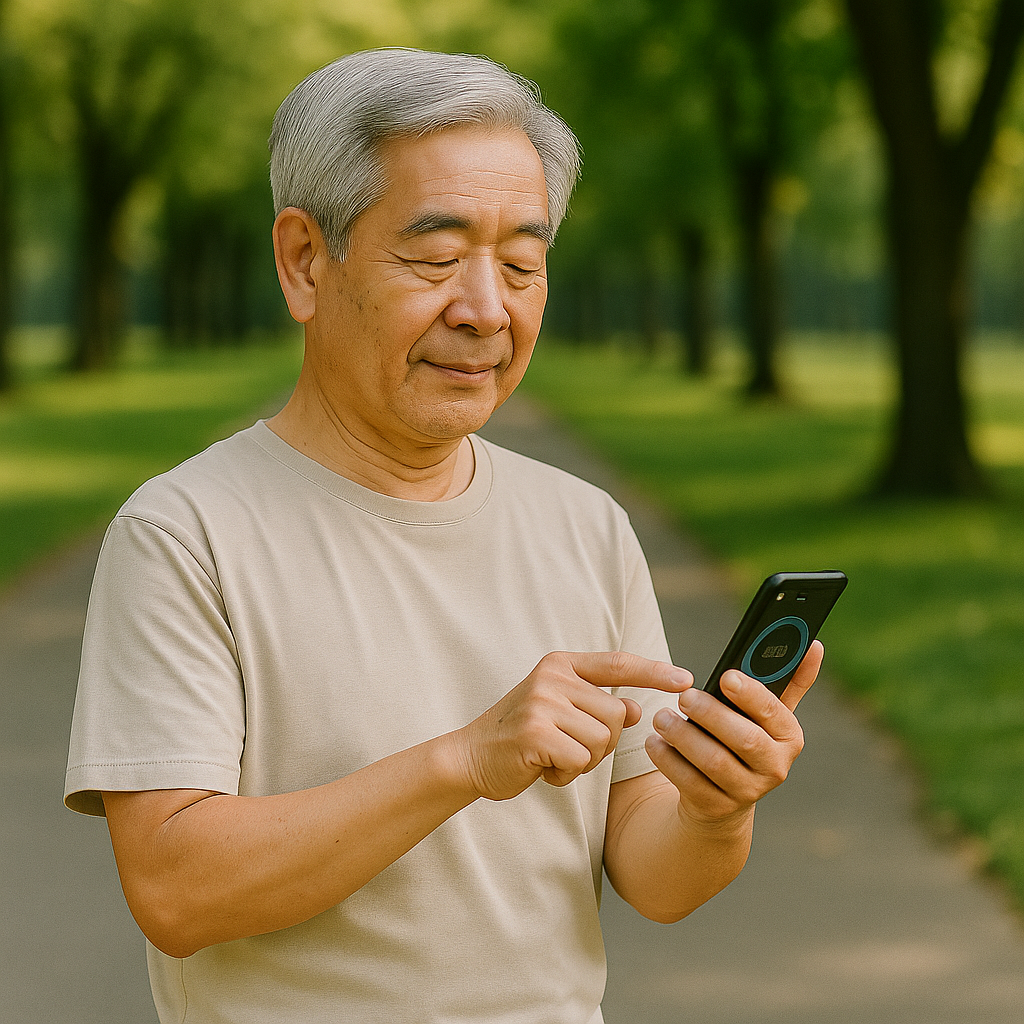 스마트폰 만보기 앱을 확인하며 웃는 60대 남성