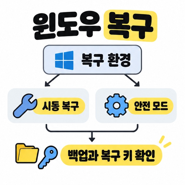 복구 환경에서 시동 복구와 안전 모드로 갈라지는 화살표를 그리고 폴더와 열쇠 그림을 곁들여 백업과 복구 키 확인을 안내한 이미지