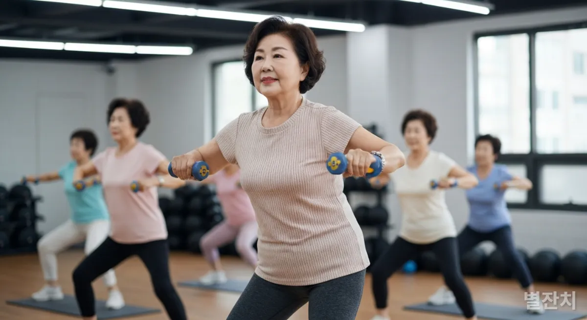 도심 피트니스 스튜디오에서 가벼운 운동을 하는 세련된 한국인 시니어 여성