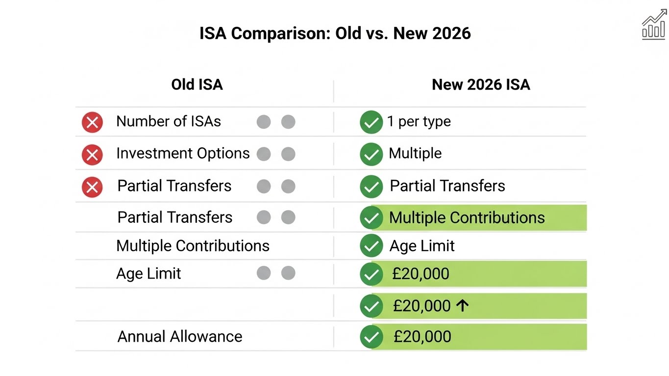 A clean comparison table graphic showing 'Old ISA' vs 'New 2026 ISA' with checkmarks highlighting increased benefits, infographic style.