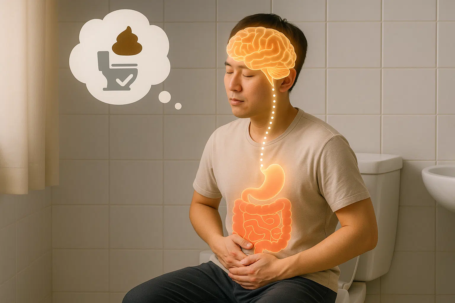 화장실에서 &lsquo;배변 이미지화&rsquo;를 상상하는 사람, 뇌와 장이 연결된 개념 일러스트, 뇌-장 축 연결 표현