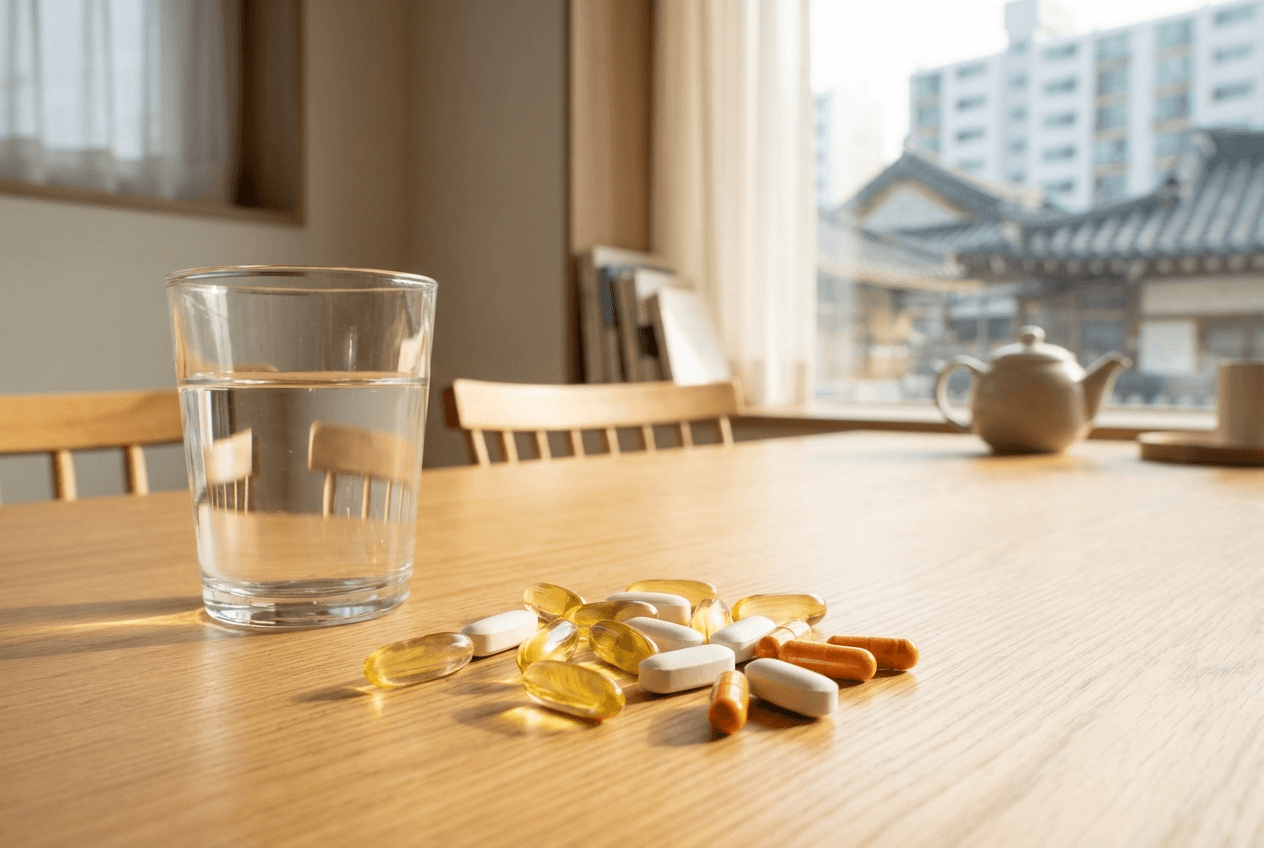 아침 식탁 위에 여러 개의 영양제 알약과 물컵이 놓여 있는 모습