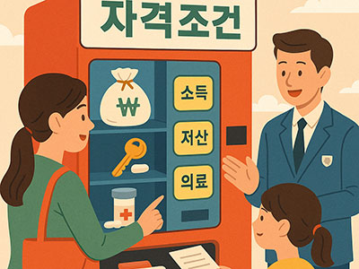 여성이 아이와 함께 &amp;#39;자격조건&amp;#39;이라는 복지 자판기 앞에 서서 소득&amp;#44; 재산&amp;#44; 의료 버튼을 누르고 있으며&amp;#44; 공무원이 옆에서 설명해주는 장면. 복지 혜택을 선택하는 모습을 상징적으로 표현한 따뜻한 일러스트. 