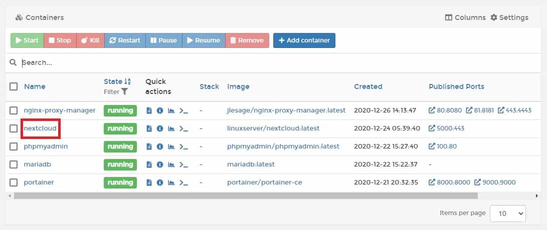 portainer 컨테이너 탭