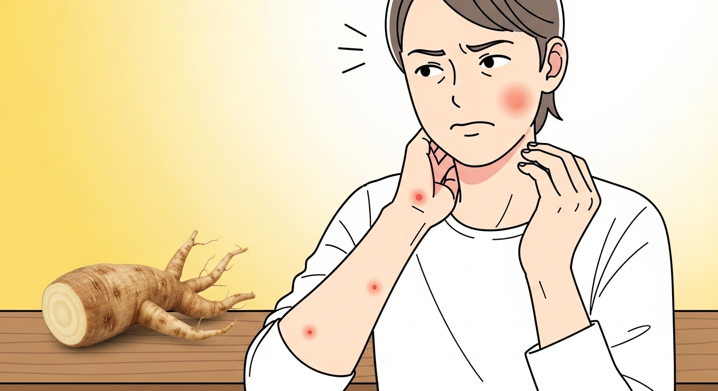 더덕 섭취 후 발생할 수 있는 가벼운 알레르기 반응을 시사하며 주의를 요하는 일러스트.