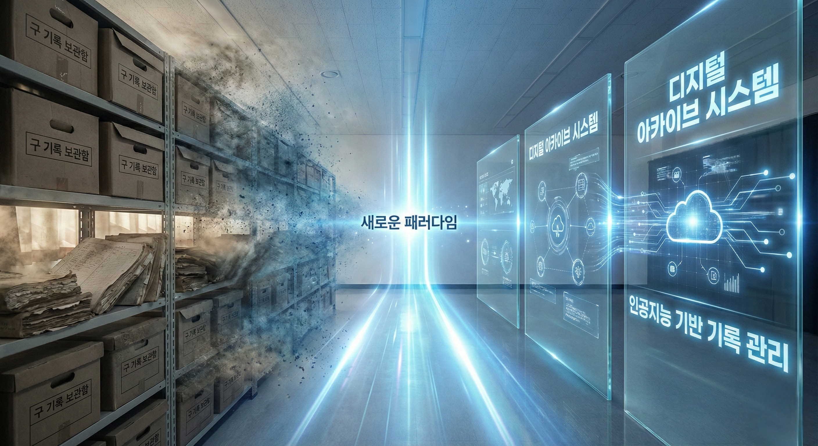 낡은 기록물 보관함들이 사라지고 디지털 화면과 클라우드 아이콘이 떠오르는 전환기적 기록물 관리 시스템을 시각적으로 표현한 이미지. 미래 지향적인 변화와 혁신을 상징합니다.